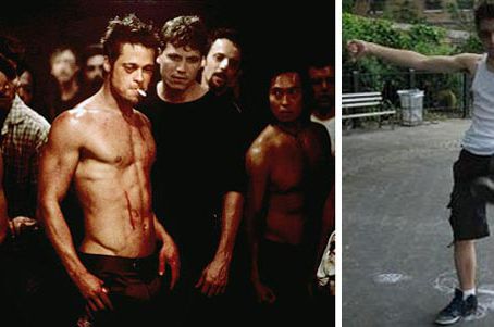 A movie still from Fight Club at left, Kyle Shaw's Facebook profile image at right